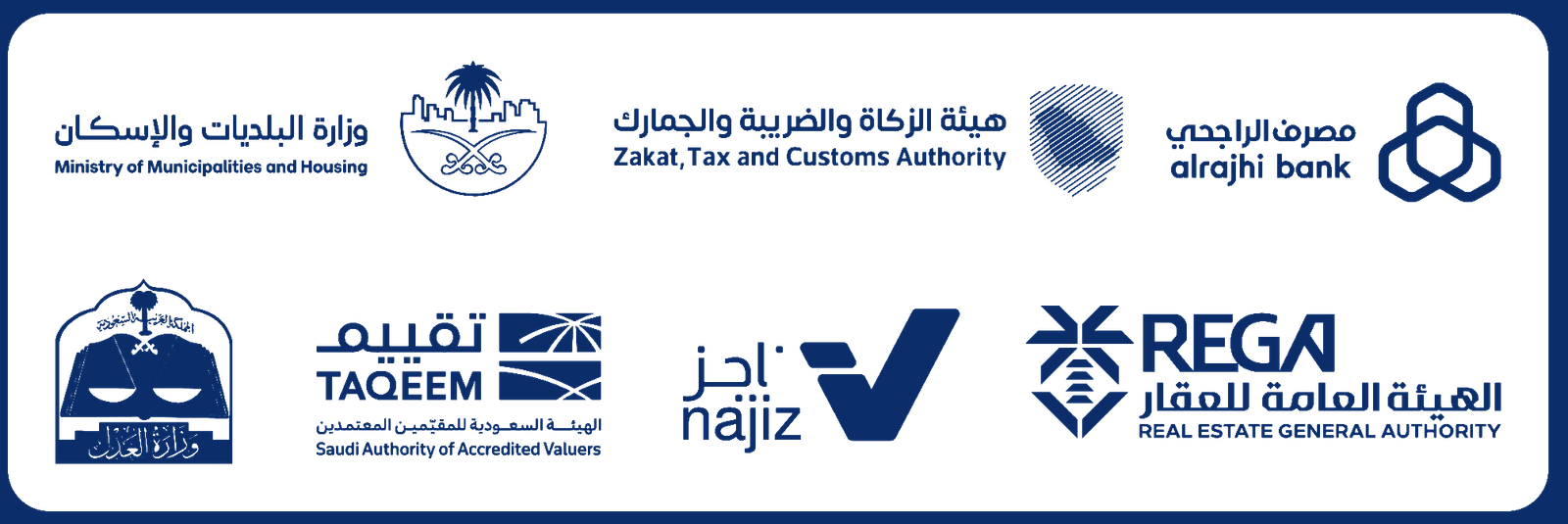 جهات معتمدة: وزارة البلديات والإسكان، هيئة الزكاة والضريبة، مصرف الراجحي، وزارة العدل، تقييم، ناجز، الهيئة العامة للعقار
